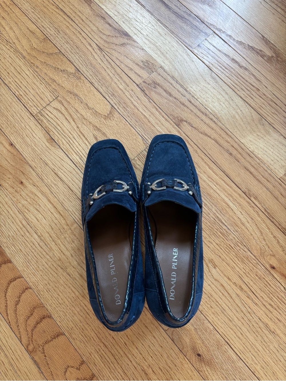 Donald J. Pliner Women’s Navy Suede Bit Loafers with Silver Hardware